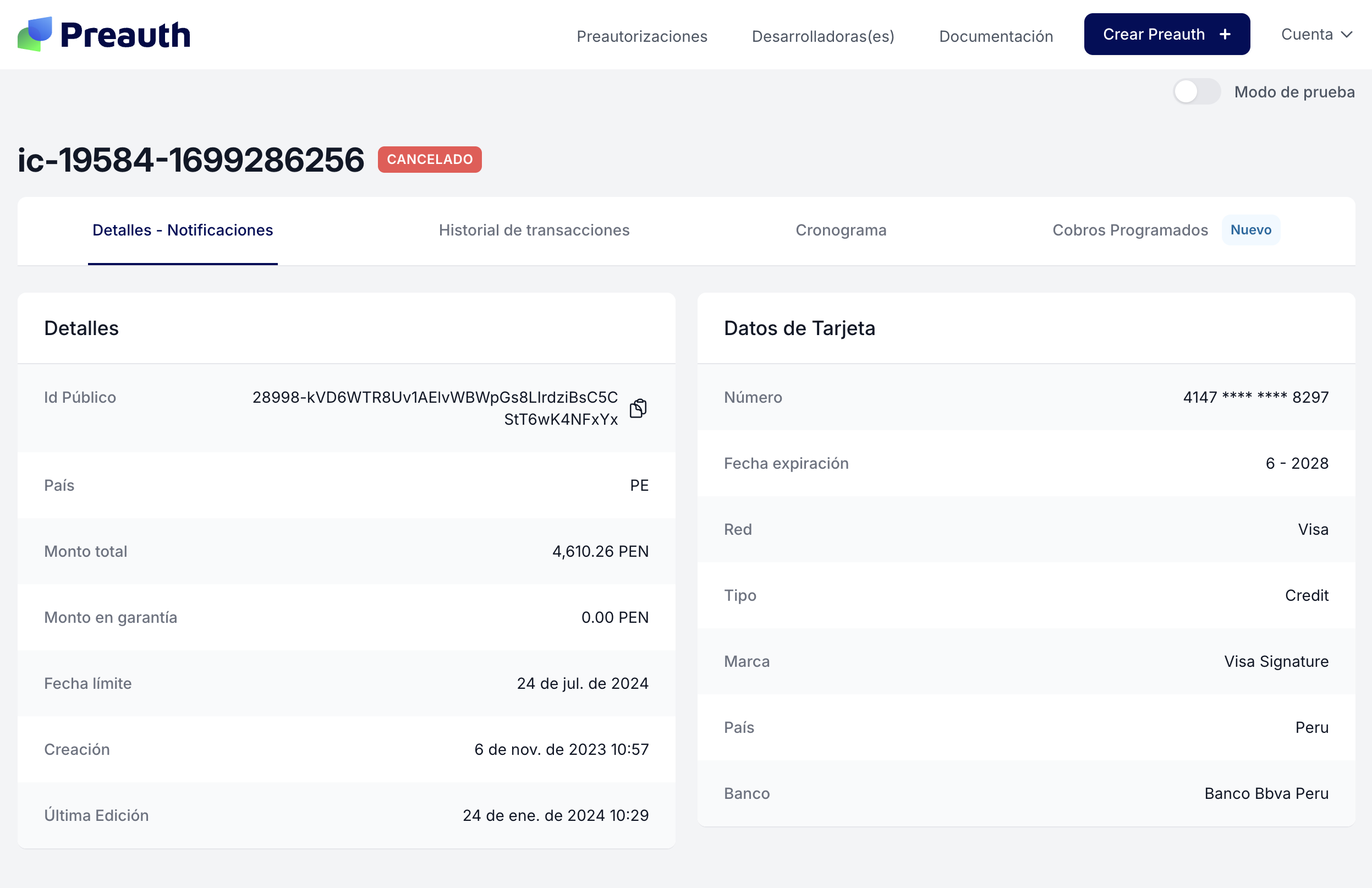 Demo del dashboard de Preauth